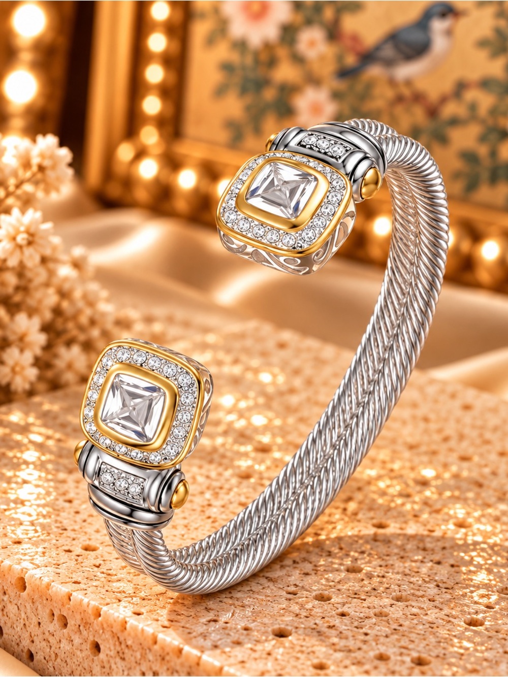 Two-Tone Crystal Open Cuff Bracelet